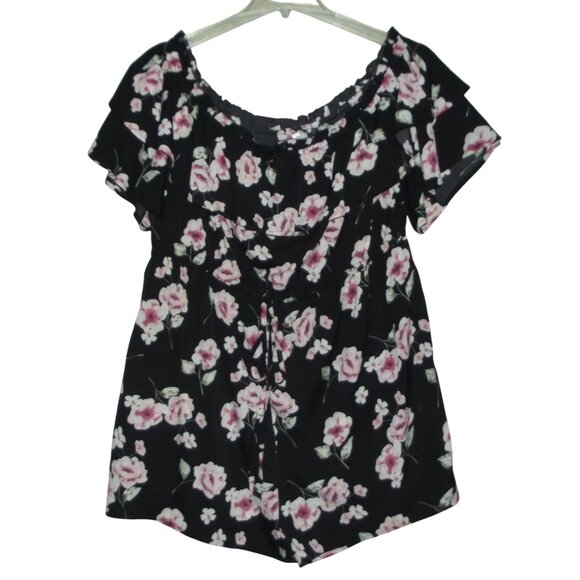 Rose Gal  Romper Womens 4XL Floral Off-Shoulder Black Pink Ruffle Short Sleeve - Picture 1 of 9